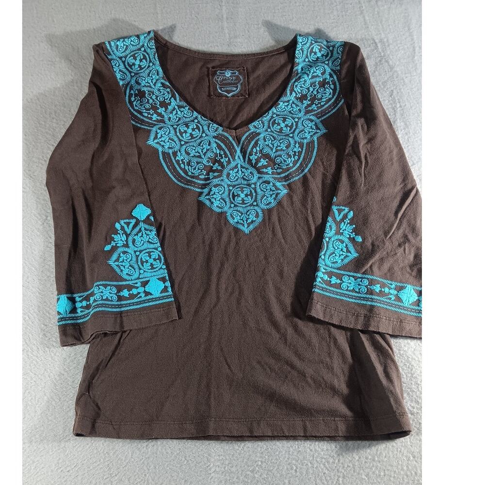 Pink Cattlelac Brown Embroidered Boho Peasant Top Sz S Southwest Western